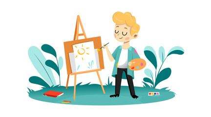 Concept Of Kids Creativity, Promotional Development, Creative Educational Art And Crafts Center. Happy Smiling Creative Boy Paints A Picture On Easel. Creative Class. Flat Style. Vector Illustration