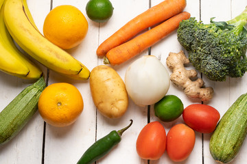 fruits and vegetables on white background