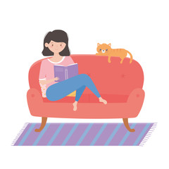 quarantine stay at home, girl reading a book on the couch with cartoon cat