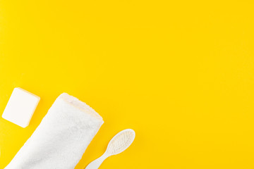 Baby, newborn child care hygiene accessories. Kid, infant health product on yellow background. concept of child care