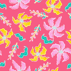 vector floral and leaves seamless pattern on pink