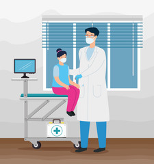 doctor vaccinating to girl in consulting room vector illustration design