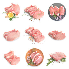 Raw pork meat with spices and herbs on white background