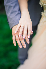 Wedding couple hands gently touching.