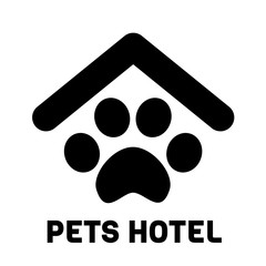 Pets hotel black logo with text isolated on white background. Glyph symbol animal house vector icon. Outline Paw sign under roof Graphic element. Web Simple shape