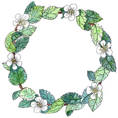 Watercolor full color drawing wreath frame from the branches of a blossoming apple tree
