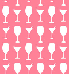 Vector seamless pattern of white sketch martini and wine glass silhouette isolated on pink background