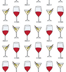Vector seamless pattern of colored hand drawn doodle sketch martini and wine glass isolated on white background