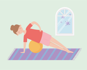quarantine stay at home, woman practicing fitball in cartoon