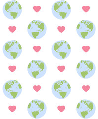Vector seamless pattern of hand drawn doodle sketch colored Earth planet and hearts isolated on white background
