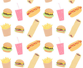 Vector seamless pattern of colored hand drawn doodle sketch fast food isolated on white background