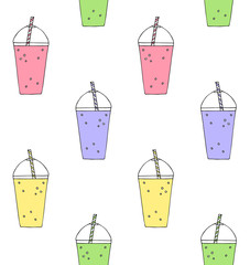 Vector seamless pattern of different colored hand drawn doodle sketch smoothie milk shake drink isolated on white background