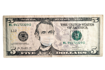 Five dollars concept with Abraham Lincoln masked by virus. Coronavirus protection. Horizontal frame
