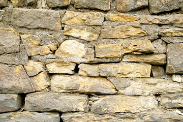 Full frame view of hand made wall built from odd shaped rocks.
