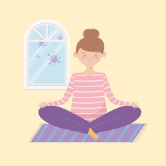 quarantine stay at home, happy woman in yoga lotus pose meditation cartoon