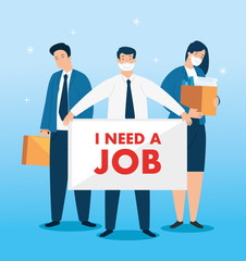 business people using face mask searching work vector illustration design