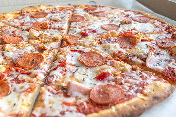 Close Up of Tasty Hot Pizza with Bacon, pepperoni sausage, ham, mozzarella cheese, sweet pepper, herbs, red onion. Food to order