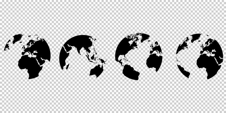 Earth Globe Collection. Black earth globes icons. earth globe collection. Set of black earth globes, isolated on transparent background. Four world map icons in flat design.