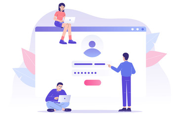 Online registration and sign up concept. Young people signing up or login to online account with user interface. Secure login and password. Modern vector illustration template for UI, mobile app, web 