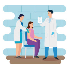 Obraz premium doctors vaccinating to young woman in consulting room vector illustration design