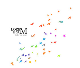 Multi-colored birds. A flock of flying rainbow birds. Mixed media. Vector illustration