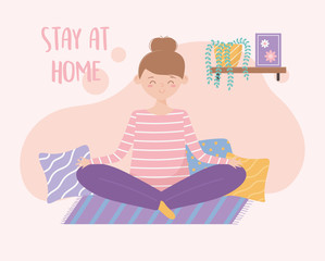 quarantine stay at home, woman meditation relaxation on mat cartoon