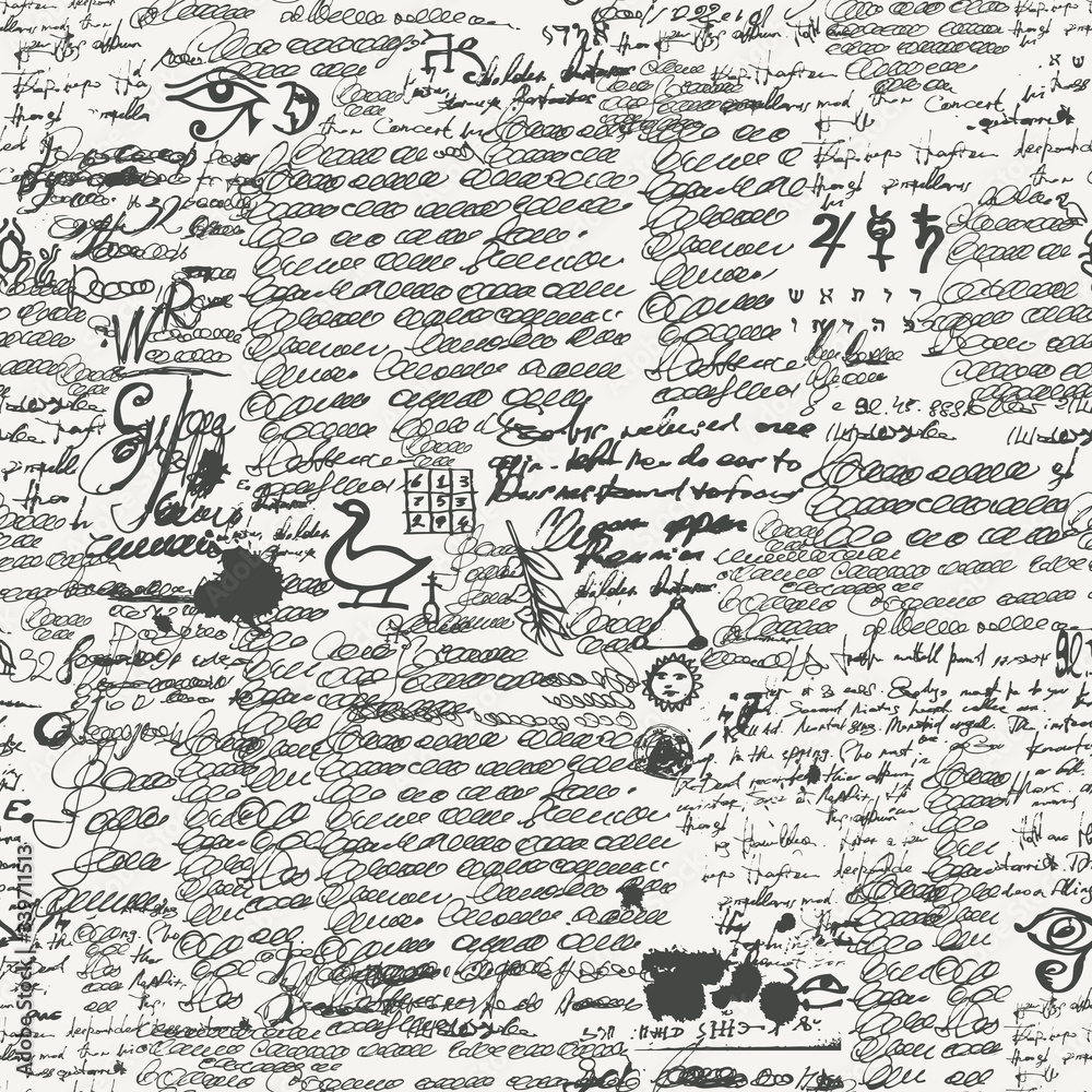 Fototapete vector texture, seamless pattern with unreadable handwritten text and blobs. black and white backgro