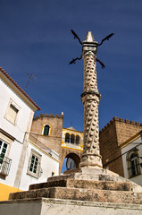 Stone pillory in front of Santa Clara archway at Elvas, Portugal