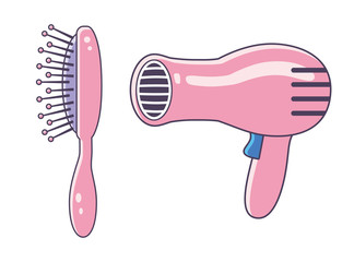 Pink hair dryer and hairbrush or comb icons isolated