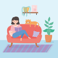 quarantine stay at home, woman with book and cat on sofa living room cartoon