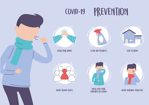 covid 19 pandemic infographic, prevention differents tips care
