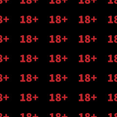 Fototapeta premium Red Plus 18 movie icon isolated seamless pattern on black background. Adult content. Under 18 years sign. Vector Illustration