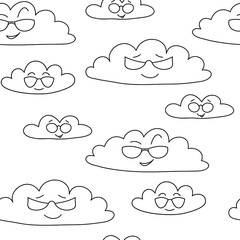 Colorless clouds in sunglasses: cartoon seamless pattern,  sky background, wallpaper design. Vector graphics.