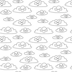 Funny cartoon clouds in glasses: transparent seamless pattern, background, wallpaper design. Vector graphics.