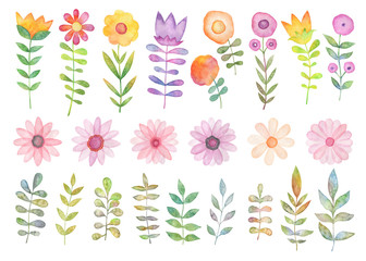 Set of decorative flowers on a white background. Watercolor illustration.