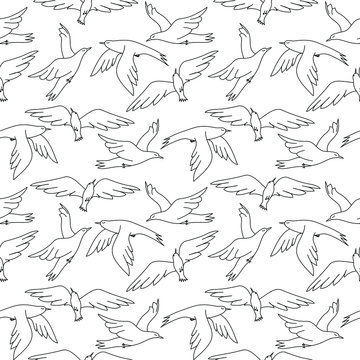 Colorless flying irds on white background: seamless pattern, wallpaper design, textile print. Vector graphics.