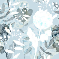 Seamless watercolor pattern of flat silhouettes of flowers and leaves on a gray background.