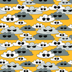 Fototapeta na wymiar funny cartoon clouds in sunglasses on yellow background: seamless pattern, background, wallpaper design. Vector graphics.