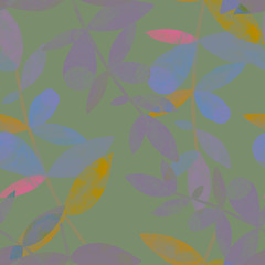 Seamless watercolor pattern of flat silhouettes of leaves on a dark background.