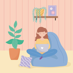 quarantine stay at home, girl with laptop sitting in room with potted plant