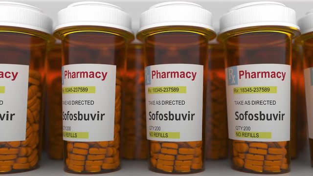 Prescription bottles with sofosbuvir generic drug pills as a possible coronavirus disease treatment. Loopable 3D animation