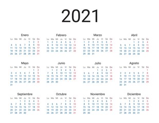 2021 year Spanish calendar in Spanish language. Classical, minimalistic, simple design. White background. Vector Illustration. Week starts from Monday.