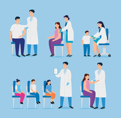 set scenes of doctors vaccinating with people vector illustration design