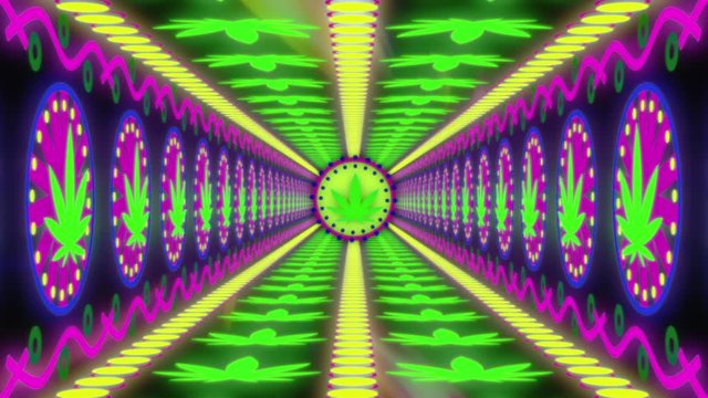 Vivid Spiritual Background With Patterns Of Marijuana Leaves, Ethnobotanical Psychedelic Concept