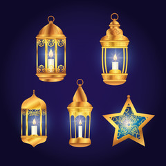 set lanterns with star of eid mubarak decoration vector illustration design