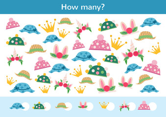 Counting children game of cartoon kids hats.