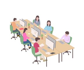 Illustration of crowded office. Social distance.