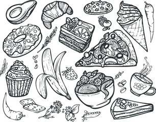 Funny set of popular different food made in doodle style. Perfect for decorating menus, various posts on social networks and as stickers. High resolution