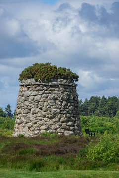 Memorial cairn, 1881, at the site of the 1746 Battle of Culloden, east of Inverness in the Highlands of Scotland. The battlefield has been preserved as an historic site.