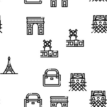 France Country Travel Seamless Pattern Vector Thin Line. Illustrations